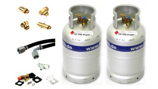 2 x ALUGAS tank bottle 27L with 80% multi-valve, tank adapter set (case), remote refuelling, connection set