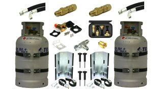 2x ALUGAS Tankflasche 27L mit 80% Multiventil & Tankadapter + Verbindungsset, Einbauset (Halter, HK Flach, Sinter-Filter, Schnellkupplung)