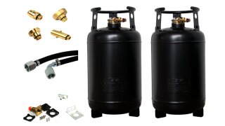 CAMPKO 2x refillable steel gas cylinder 30L with 80% multivalve & adapter + connection set, mounting set (HK straight, 1,00m straight 90 degree)