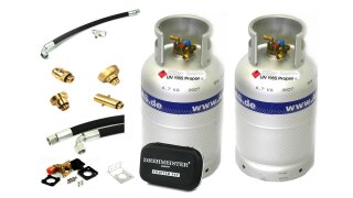 2x ALUGAS Tankflasche 33L mit 80% Multiventil & Tankadapter + Verbindungsset, Einbauset (HK gewinkelt, 1,00m ger-90°)